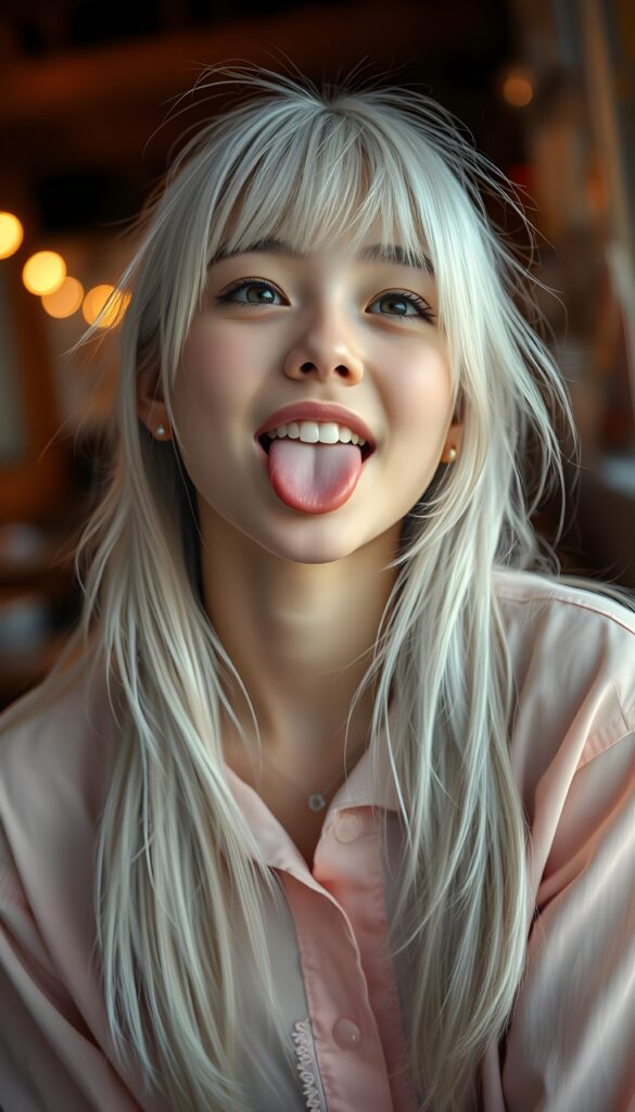 A beautiful teenage girl with sleek, straight white hair and bangs, her long, soft hair flowing slightly messily. She sticks out her little tongue in a playful, cute pose, looking up with a warm, inviting smile against a backdrop of a wide open mouth showcasing white teeth. Her features are clear and detailed with a hyperrealistic texture, enhanced by a high-quality, HDR-optimized aesthetic. The lighting is soft and natural, with a warm color palette, creating a dreamy, inviting atmosphere. The girl is wearing a light pink, flowing plain shirt with delicate lace details, and her eyes sparkle with a hint of mischief. The composition is dynamic, capturing her from a low angle, emphasizing her youthful energy and playful spirit.