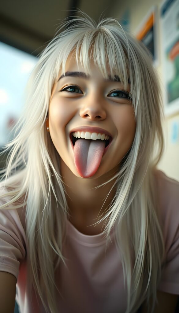 A beautiful teenage girl with sleek, straight white hair and bangs, her long, soft hair flowing slightly messily. She sticks out her little tongue in a playful, cute pose, looking up with a warm, inviting smile against a backdrop of a wide open mouth showcasing white teeth. Her features are clear and detailed with a hyperrealistic texture, enhanced by a high-quality, HDR-optimized aesthetic. The lighting is soft and natural, with a warm color palette, creating a dreamy, inviting atmosphere. The girl is wearing a light pink, flowing t-shirt and her eyes sparkle with a hint of mischief. The composition is dynamic, capturing her from a low angle, emphasizing her youthful energy and playful spirit.