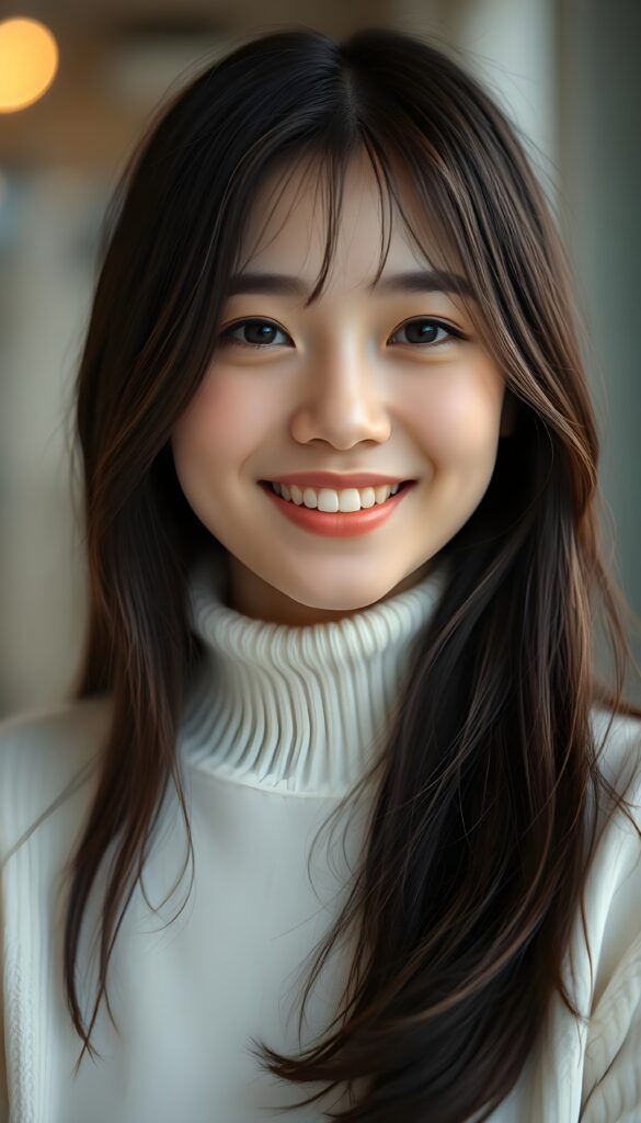 A beautiful upper body portrait from a young Asian girl with a round face, brown long straight jet hair with black highlights, smiling happily with a joyful expression. She is wearing a fine, white sweater that elegantly highlights her wonderfully shaped feminine body. She has a warm, natural look with soft lighting highlighting her features. Capture her genuine happiness as she looks directly at the camera, creating an inviting and cheerful portrait. Medium close-up shot, soft natural daylight, gentle background blur to emphasize her face and the elegant white sweater.