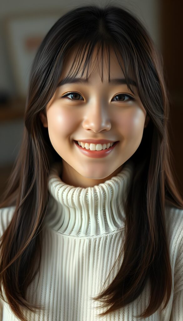 A beautiful upper body portrait from a young Asian girl with a round face, brown long straight jet hair with black highlights, smiling happily with a joyful expression. She is wearing a fine, white sweater that elegantly highlights her wonderfully shaped feminine body. She has a warm, natural look with soft lighting highlighting her features. Capture her genuine happiness as she looks directly at the camera, creating an inviting and cheerful portrait. Medium close-up shot, soft natural daylight, gentle background blur to emphasize her face and the elegant white sweater.