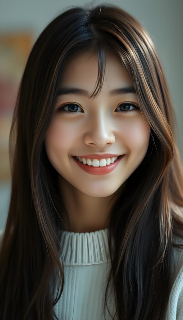 A beautiful upper body portrait from a young Asian girl with a round face, brown long straight jet hair with black highlights, smiling happily with a joyful expression. She is wearing a fine, white sweater that elegantly highlights her wonderfully shaped feminine body. She has a warm, natural look with soft lighting highlighting her features. Capture her genuine happiness as she looks directly at the camera, creating an inviting and cheerful portrait. Medium close-up shot, soft natural daylight, gentle background blur to emphasize her face and the elegant white sweater.