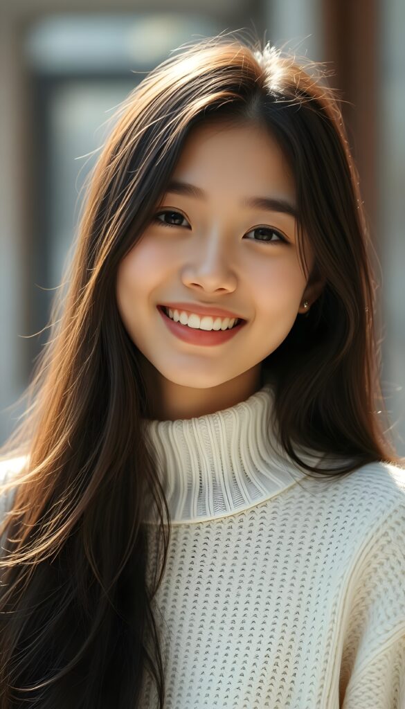 A beautiful upper body portrait from a young Asian girl with a round face, brown long straight jet hair with black highlights, smiling happily with a joyful expression. She is wearing a fine, white sweater that elegantly highlights her wonderfully shaped feminine body. She has a warm, natural look with soft lighting highlighting her features. Capture her genuine happiness as she looks directly at the camera, creating an inviting and cheerful portrait. Medium close-up shot, soft natural daylight, gentle background blur to emphasize her face and the elegant white sweater.