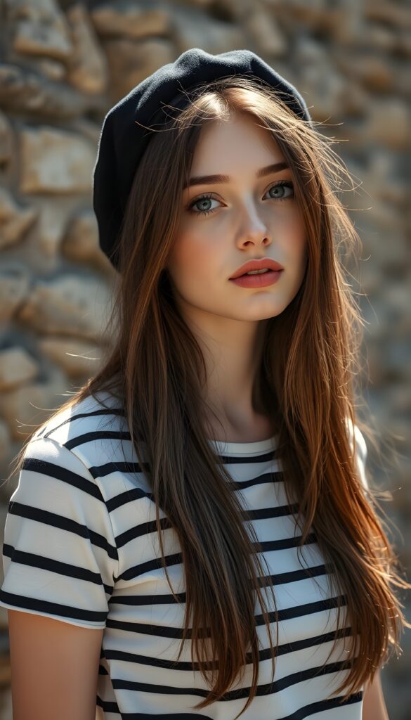 A beautiful, young girl from France; she’s wearing a T-shirt with even black-and-white horizontal stripes. She has a black beret, and her soft, long, straight brown hair and blond highlight falls over her shoulders like a gentle waterfall. She has porcelain-white skin and full, red, kissable lips. Her large, round, dark eyes reflect the light. The image exudes a sense of peace and is bathed in soft light. She stands in front of an ancient stone wall. The sun gently kisses her face. She has an enchanting, curvaceous figure.