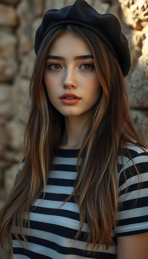 A beautiful, young girl from France; she’s wearing a T-shirt with even black-and-white horizontal stripes. She has a black beret, and her soft, long, straight brown hair and blond highlight falls over her shoulders like a gentle waterfall. She has porcelain-white skin and full, red, kissable lips. Her large, round, dark eyes reflect the light. The image exudes a sense of peace and is bathed in soft light. She stands in front of an ancient stone wall. The sun gently kisses her face. She has an enchanting, curvaceous figure.