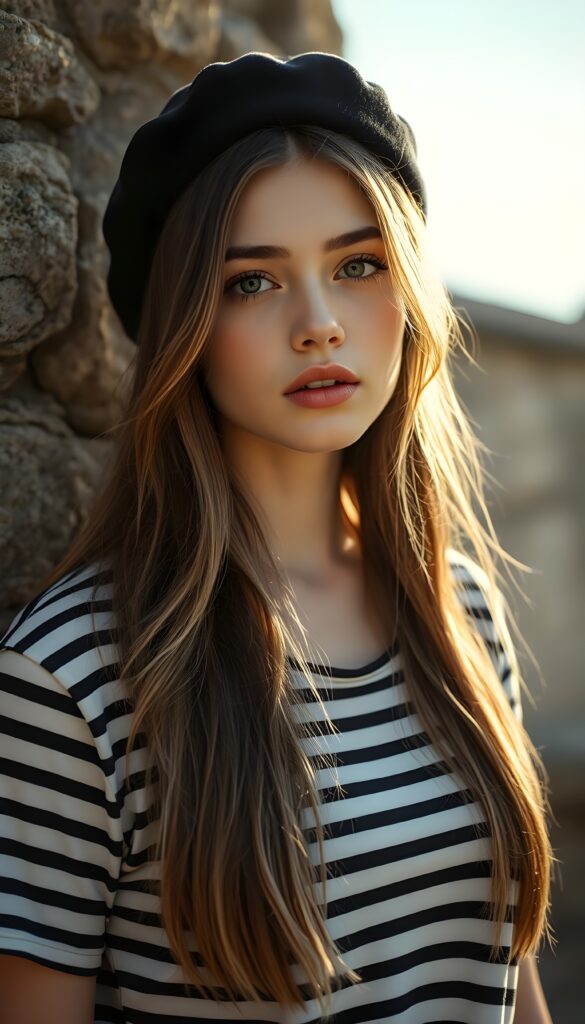 A beautiful, young girl from France; she’s wearing a T-shirt with even black-and-white horizontal stripes. She has a black beret, and her soft, long, straight brown hair and blond highlight falls over her shoulders like a gentle waterfall. She has porcelain-white skin and full, red, kissable lips. Her large, round, dark eyes reflect the light. The image exudes a sense of peace and is bathed in soft light. She stands in front of an ancient stone wall. The sun gently kisses her face. She has an enchanting, curvaceous figure.