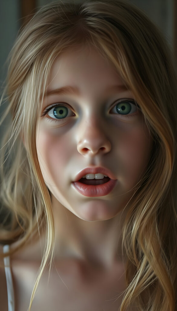 A beautiful young girl with soft, long wavy copper-colored hair, a few freckles on her face, detailed green eyes, full plump lips, her mouth wide open, white teeth, looking surprised, focus on her upper body, blurred background.