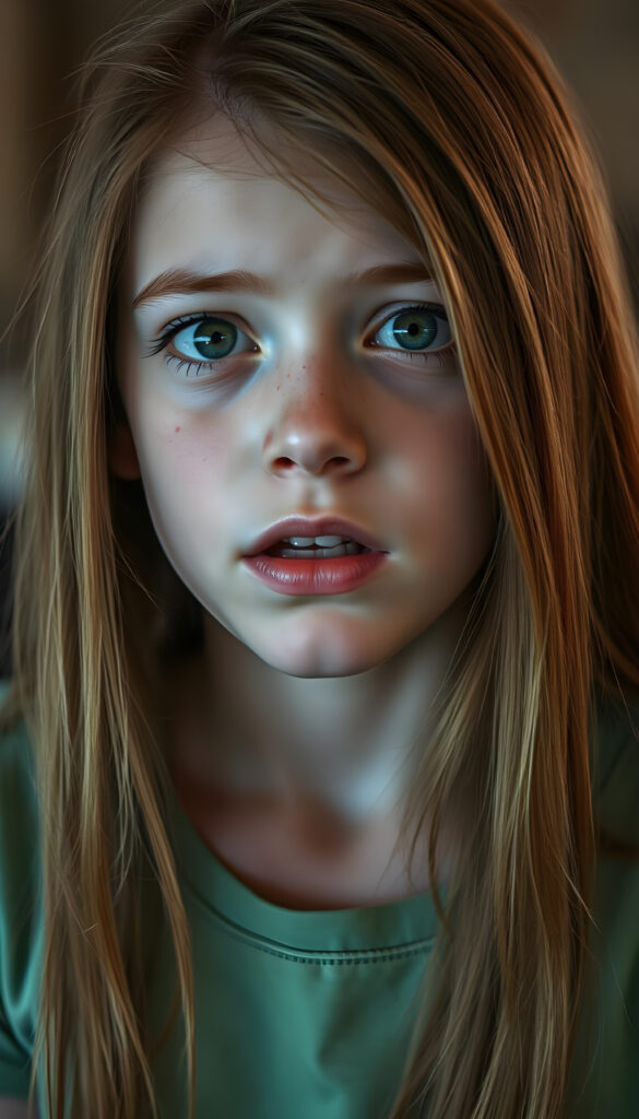 A beautiful young girl with soft, long, straight copper-colored hair, a few freckles on her face, green, detailed, shining eyes, full, plump lips, her mouth slightly open, white teeth, looking surprised and frightened, blurred background. She is wearing a tight light green T-shirt that hugs her perfect female body.