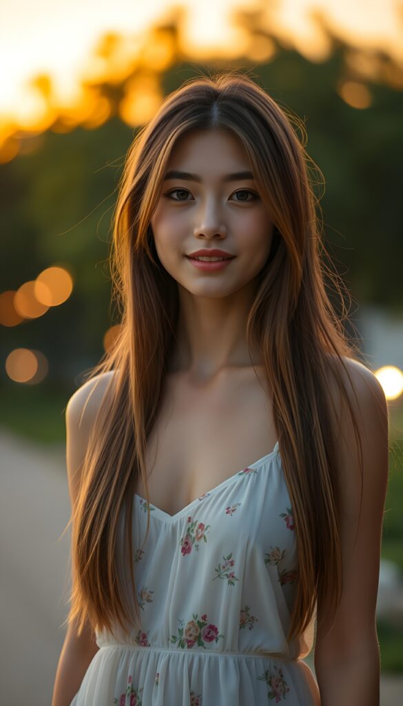 A beautiful young woman standing outdoors on a warm summer evening, bathed in soft golden hour light. She has gorgeous, dark blonde, long, straight and fine hair that falls smoothly over her shoulders and gently moves in the evening breeze. She is wearing a thin, light white summer dress with a colorful floral pattern, the fabric slightly translucent and softly flowing around her body as she moves. She has a warm, genuine smile and subtle, natural makeup that highlights her features. In the background, out‑of‑focus trees and distant lights create a dreamy, cinematic bokeh, with the sky glowing in orange and pink tones as the sun sets. The atmosphere feels calm, romantic, and peaceful, with a slightly cinematic, high‑quality, realistic style. View from the front.
