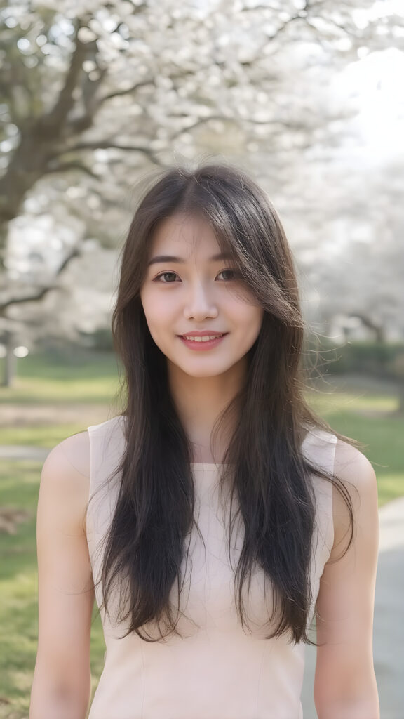 A beautiful young Korean woman, long dark hair, clear skin, gentle smile, wearing a modern pastel dress, standing in a sunlit park with cherry blossoms, soft natural lighting, photorealistic, high detail