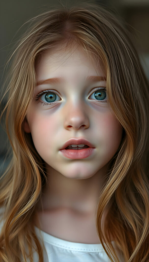 A beautiful young girl with soft, long wavy copper-colored hair, a few freckles on her face, detailed green eyes, full plump lips, her mouth wide open, white teeth, looking surprised, focus on her upper body, blurred background.