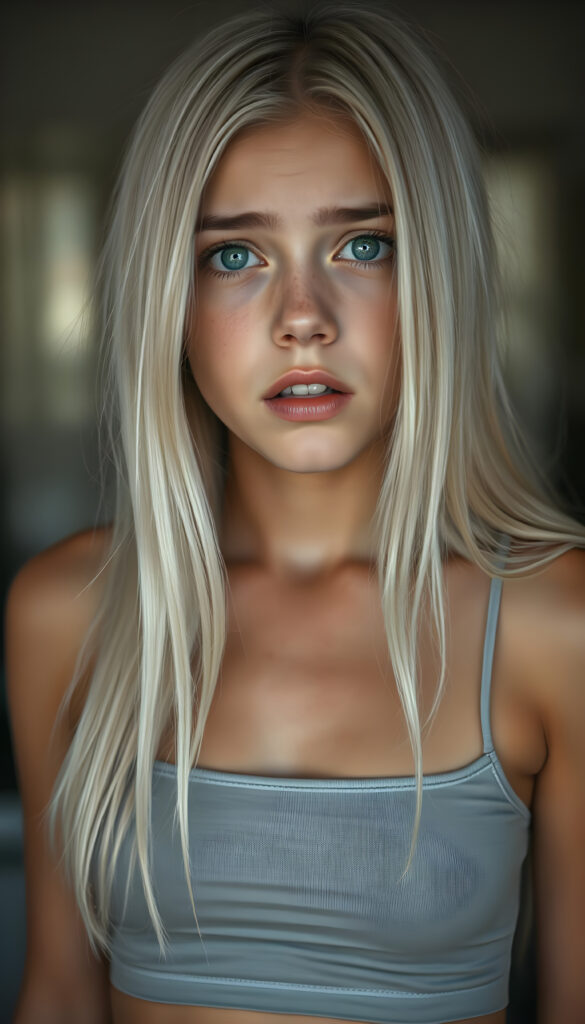 A beautiful young busty teen girl with soft, long, open straight white hair, a few freckles on her face, deep blue, detailed, shining eyes, full, plump lips, her mouth slightly open, white teeth, looking surprised and frightened, blurred background. She is wearing a tight light grey cropped tank top that hugs her perfect female body.