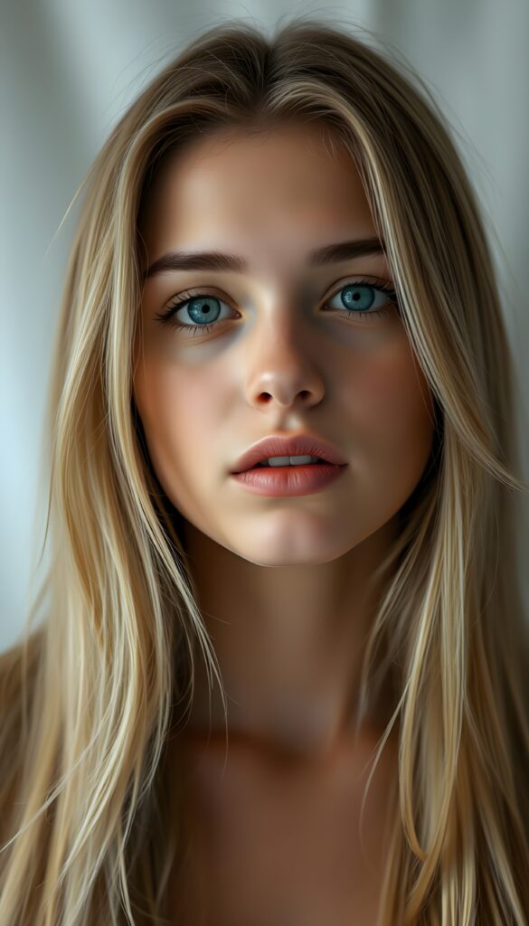 A beautiful young girl with long, straight blonde hair; she has plump, full lips and is anticipating a sensual kiss; her skin is flawless. The focus is on her deep blue eyes. Light falls on her round, angelic face. The image perfectly conveys passion and sensuality. The background is a white-gray canvas.