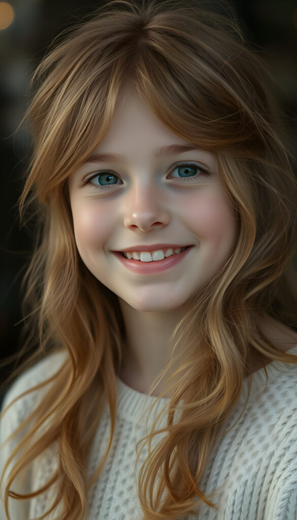 A beautiful young girl with soft, long wavy copper-colored hair, round face, detailed green eyes, full plump lips, her mouth slightly open, white teeth, looking very happy, focus on her upper body, blurred background, she wears a white fine sweater made of wool