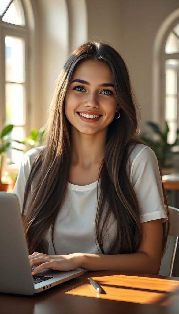 A beautiful young adult female student girl with long, flowing, dark brown hair cascading down her shoulders, deep blue eyes sparkling with joy, and flawless porcelain skin, sits at her elegant wooden desk. Her round face is framed by a gentle smile, revealing full, pink lips. She wears a simple, white, scoop-neck t-shirt that contrasts beautifully with her features. The scene is set in a cozy, sunlit room, with natural light streaming in through large, arched windows, casting soft shadows on her face and illuminating her warm, inviting presence. The background features a minimalist, modern decor with soft, pastel-colored walls, potted plants, and a vase of fresh flowers on the desk. The image radiates a sense of tranquility and happiness, capturing the essence of a serene, everyday moment.