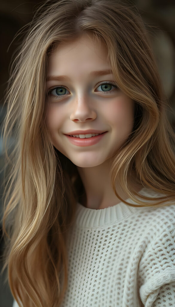 A beautiful young girl with soft, long wavy copper-colored hair, round face, detailed green eyes, full plump lips, her mouth slightly open, white teeth, looking very happy, focus on her upper body, blurred background, she wears a white fine sweater made of wool