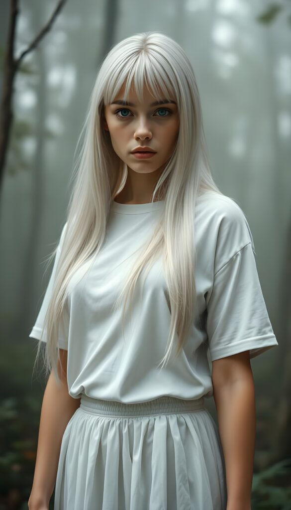 A beautiful young woman in a white, silvery oversized t-shirt paired with an a long, white skirt. Fantasy. She has long, straight, smooth platinum white soft hair. Light blue eyes, flawless skin. Bangs. Perfect anatomy for his hand. All against a misty and fogy forest. Fairy Fantasy.