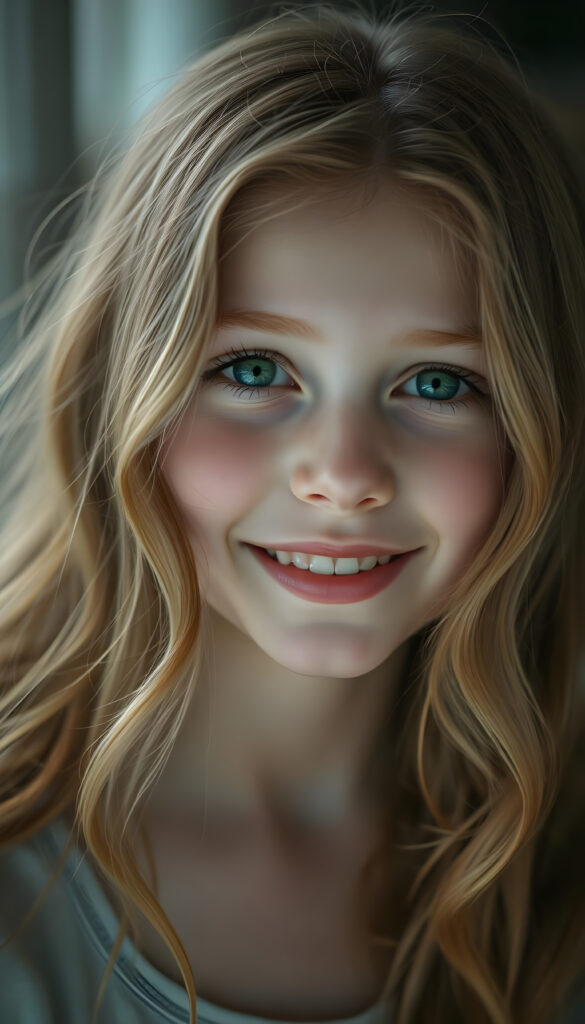 A beautiful young girl with soft, long wavy copper-colored hair, a few freckles on her face, detailed green eyes, full plump lips, her mouth slightly open, white teeth, looking very happy, focus on her upper body, blurred background.