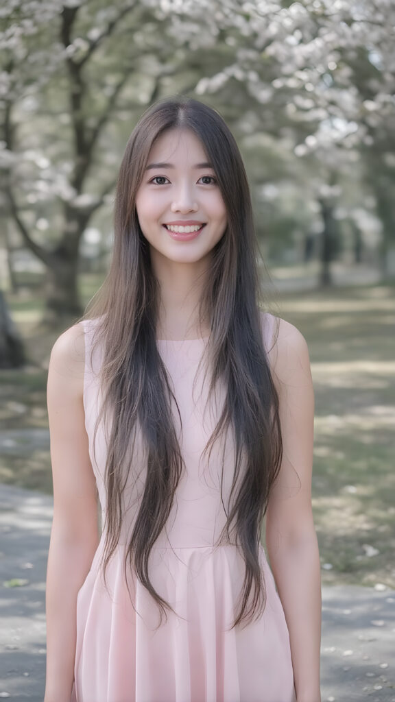 A beautiful young Korean woman, long dark hair, clear skin, gentle smile, wearing a modern pastel dress, standing in a sunlit park with cherry blossoms, soft natural lighting, photorealistic, high detail