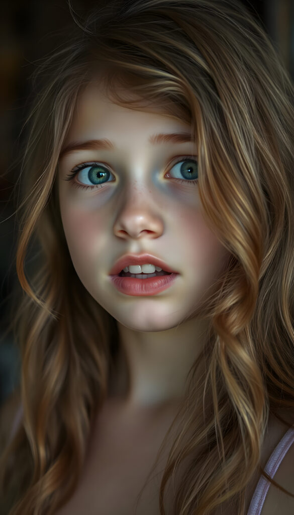 A beautiful young girl with soft, long wavy copper-colored hair, a few freckles on her face, detailed green eyes, full plump lips, her mouth slightly open, white teeth, looking surprised, focus on her upper body, blurred background.