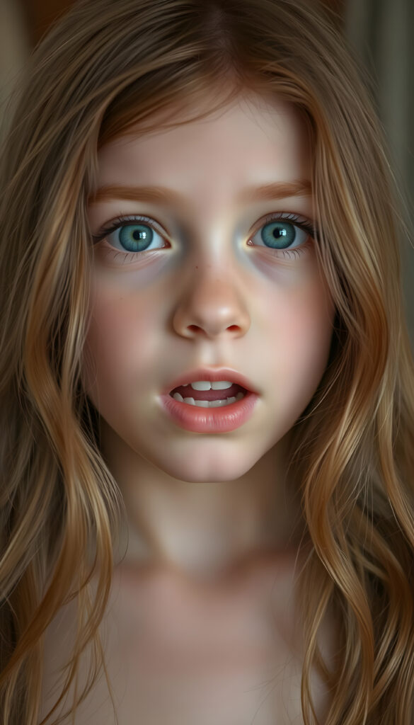 A beautiful young girl with soft, long wavy copper-colored hair, a few freckles on her face, detailed green eyes, full plump lips, her mouth wide open, white teeth, looking surprised, focus on her upper body, blurred background.