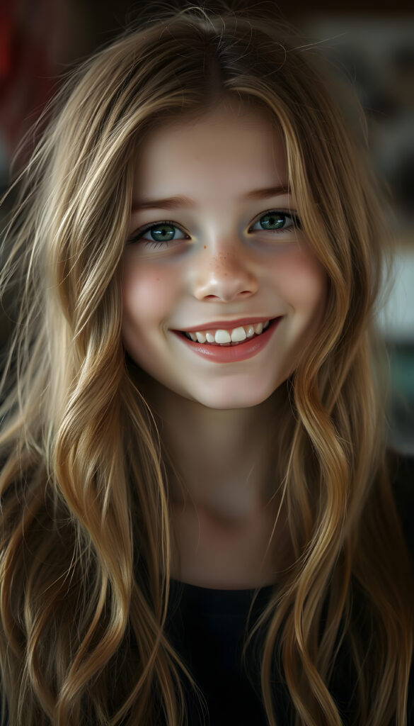 A beautiful young girl with soft, long wavy copper-colored hair, a few freckles on her face, detailed green eyes, full plump lips, her mouth slightly open, white teeth, looking very happy, focus on her upper body, blurred background.