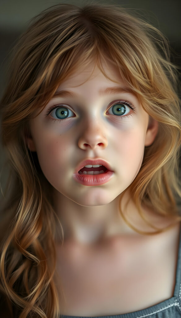 A beautiful young girl with soft, long wavy copper-colored hair, a few freckles on her face, detailed green eyes, full plump lips, her mouth wide open, white teeth, looking surprised, focus on her upper body, blurred background.