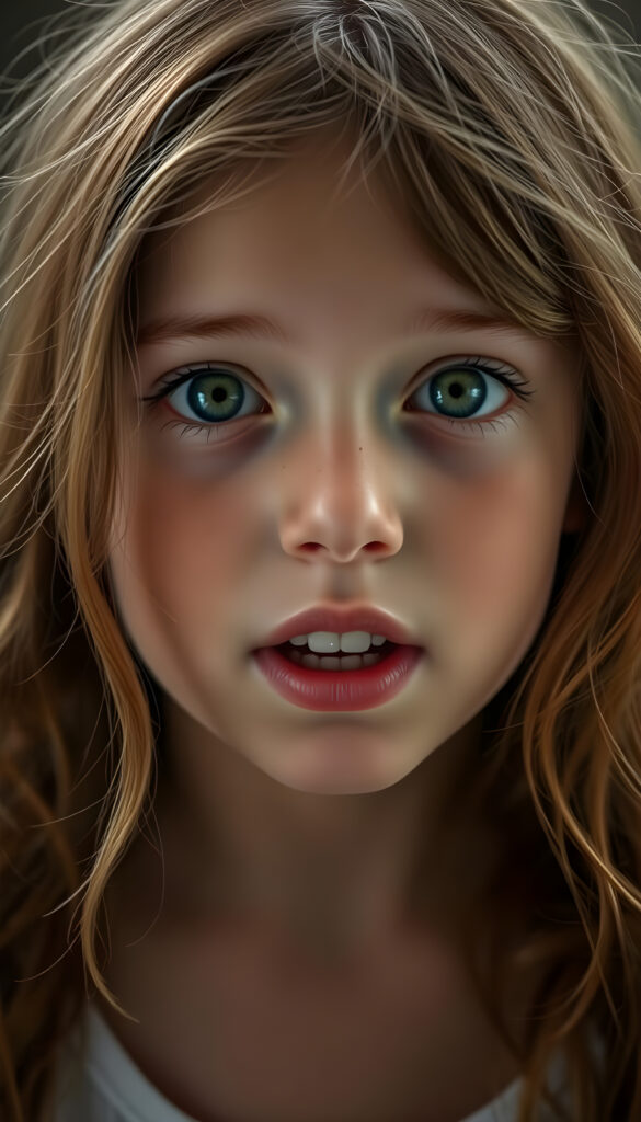 A beautiful young girl with soft, long wavy copper-colored hair, a few freckles on her face, detailed green eyes, full plump lips, her mouth wide open, white teeth, looking surprised, focus on her upper body, blurred background.