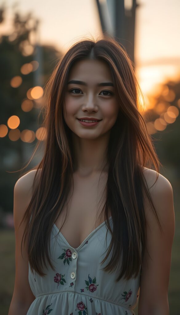A beautiful young woman standing outdoors on a warm summer evening, bathed in soft golden hour light. She has gorgeous, dark blonde, long, straight and fine hair that falls smoothly over her shoulders and gently moves in the evening breeze. She is wearing a thin, light white summer dress with a colorful floral pattern, the fabric slightly translucent and softly flowing around her body as she moves. She has a warm, genuine smile and subtle, natural makeup that highlights her features. In the background, out‑of‑focus trees and distant lights create a dreamy, cinematic bokeh, with the sky glowing in orange and pink tones as the sun sets. The atmosphere feels calm, romantic, and peaceful, with a slightly cinematic, high‑quality, realistic style. View from the front.