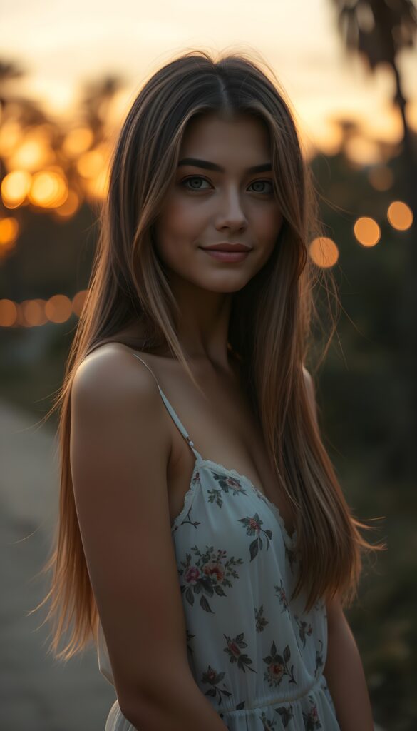 A beautiful young woman standing outdoors on a warm summer evening, bathed in soft golden hour light. She has gorgeous, dark blonde, long, straight and fine hair that falls smoothly over her shoulders and gently moves in the evening breeze. She is wearing a thin, light white summer dress with a colorful floral pattern, the fabric slightly translucent and softly flowing around her body as she moves. She has a warm, genuine smile and subtle, natural makeup that highlights her features. In the background, out‑of‑focus trees and distant lights create a dreamy, cinematic bokeh, with the sky glowing in orange and pink tones as the sun sets. The atmosphere feels calm, romantic, and peaceful, with a slightly cinematic, high‑quality, realistic style. View from the front.