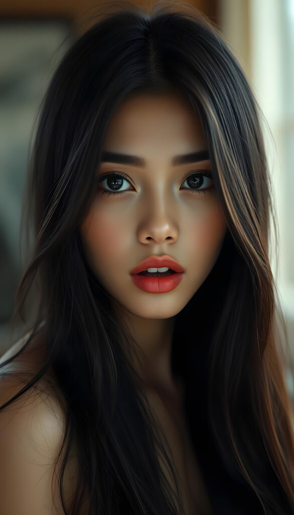 A beautiful young woman's face, deep black big round eyes, perfect eyebrows, flawless brown skin, red, full lips, white teeth, she looks surprised, makeup, long black hair falls straight like a waterfall over her shoulders and frames her round face. Her mouth is wide open.