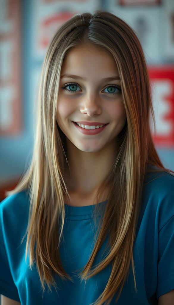 A beautiful young girl with light brown, hazelnut-colored, long, straight hair, a round face, green eyes, full, plump lips, a small snub nose, a smile, white teeth, enchanting, flawlessly beautiful. The photo emphasizes her enchanting youthful beauty. She is wearing a blue T-shirt that accentuates her enchantingly shaped female body. The background is a soft blue and red.