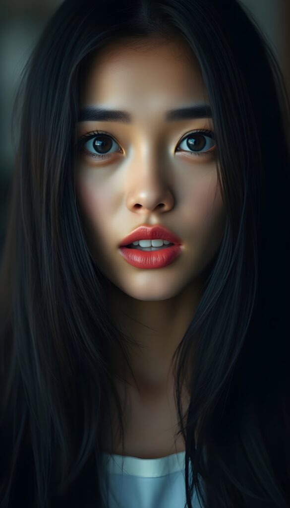A beautiful young woman's face, deep black big round eyes, perfect eyebrows, flawless brown skin, red, full lips, white teeth, she looks surprised, makeup, long black hair falls straight like a waterfall over her shoulders and frames her round face. Her mouth is wide open.