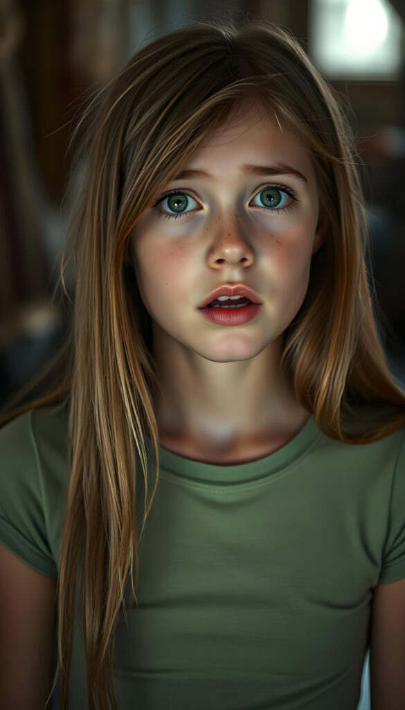A beautiful young girl with soft, long, straight copper-colored hair, a few freckles on her face, green, detailed, shining eyes, full, plump lips, her mouth slightly open, white teeth, looking surprised and frightened, blurred background. She is wearing a tight light green T-shirt that hugs her perfect female body.