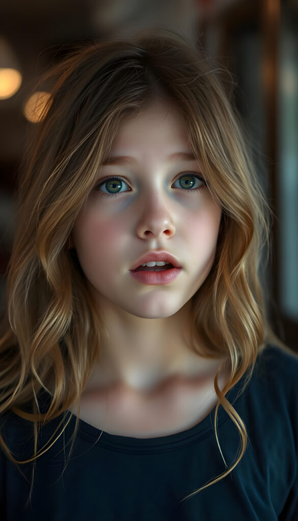 A beautiful young girl with soft, long wavy copper-colored hair, a few freckles on her face, detailed green eyes, full plump lips, her mouth slightly open, white teeth, looking surprised, focus on her upper body, blurred background.