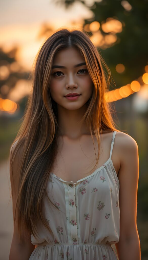 A beautiful young woman standing outdoors on a warm summer evening, bathed in soft golden hour light. She has gorgeous, dark blonde, long, straight and fine hair that falls smoothly over her shoulders and gently moves in the evening breeze. She is wearing a thin, light white summer dress with a colorful floral pattern, the fabric slightly translucent and softly flowing around her body as she moves. She has a warm, genuine smile and subtle, natural makeup that highlights her features. In the background, out‑of‑focus trees and distant lights create a dreamy, cinematic bokeh, with the sky glowing in orange and pink tones as the sun sets. The atmosphere feels calm, romantic, and peaceful, with a slightly cinematic, high‑quality, realistic style. View from the front.