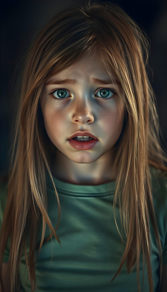 A beautiful young girl with soft, long, straight copper-colored hair, a few freckles on her face, green, detailed, shining eyes, full, plump lips, her mouth slightly open, white teeth, looking surprised and frightened, blurred background. She is wearing a tight light green T-shirt that hugs her perfect female body.
