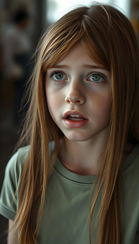 A beautiful young girl with soft, long, straight copper-colored hair, a few freckles on her face, green, detailed, shining eyes, full, plump lips, her mouth slightly open, white teeth, looking surprised and frightened, blurred background. She is wearing a tight light green T-shirt that hugs her perfect female body.