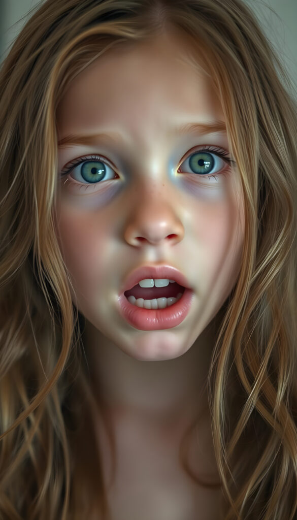 A beautiful young girl with soft, long wavy copper-colored hair, a few freckles on her face, detailed green eyes, full plump lips, her mouth wide open, white teeth, looking surprised, focus on her upper body, blurred background.