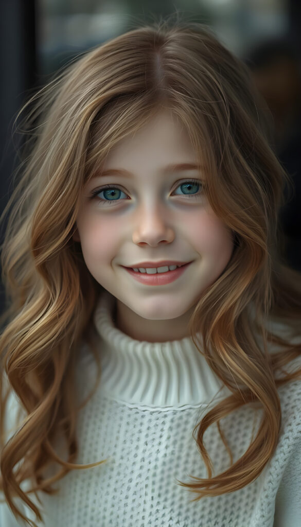 A beautiful young girl with soft, long wavy copper-colored hair, round face, detailed green eyes, full plump lips, her mouth slightly open, white teeth, looking very happy, focus on her upper body, blurred background, she wears a white fine sweater made of wool