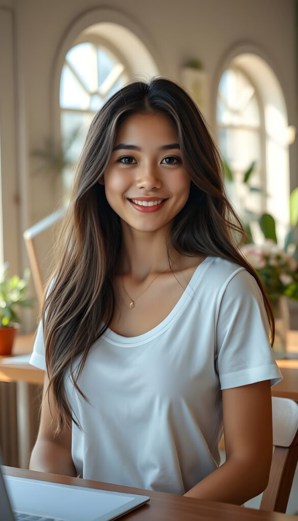 A beautiful young adult female student girl with long, flowing, dark brown hair cascading down her shoulders, deep blue eyes sparkling with joy, and flawless porcelain skin, sits at her elegant wooden desk. Her round face is framed by a gentle smile, revealing full, pink lips. She wears a simple, white, scoop-neck t-shirt that contrasts beautifully with her features. The scene is set in a cozy, sunlit room, with natural light streaming in through large, arched windows, casting soft shadows on her face and illuminating her warm, inviting presence. The background features a minimalist, modern decor with soft, pastel-colored walls, potted plants, and a vase of fresh flowers on the desk. The image radiates a sense of tranquility and happiness, capturing the essence of a serene, everyday moment.