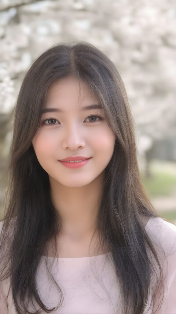 A beautiful young Korean woman, long dark hair, clear skin, gentle smile, wearing a modern pastel dress, standing in a sunlit park with cherry blossoms, soft natural lighting, photorealistic, high detail