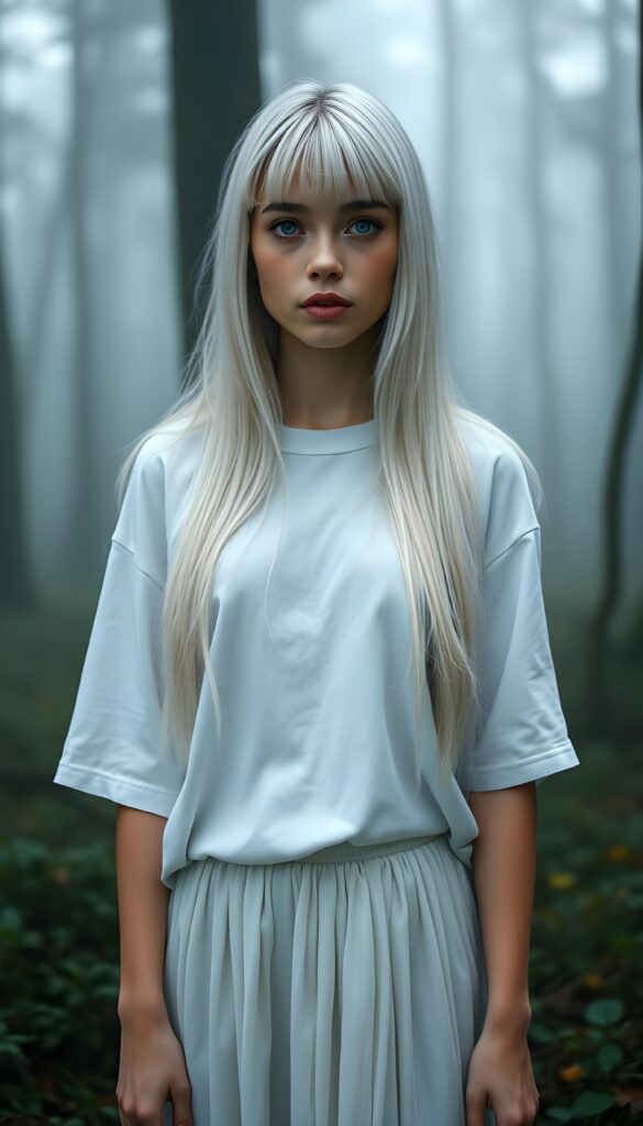 A beautiful young woman in a white, silvery oversized t-shirt paired with an a long, white skirt. Fantasy. She has long, straight, smooth platinum white soft hair. Light blue eyes, flawless skin. Bangs. Perfect anatomy for his hand. All against a misty and fogy forest. Fairy Fantasy.