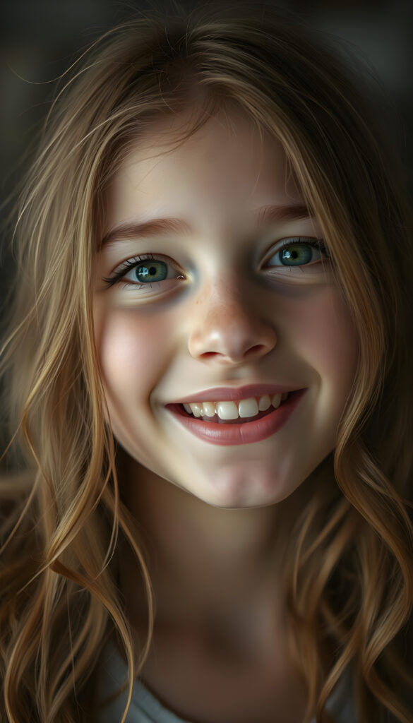 A beautiful young girl with soft, long wavy copper-colored hair, a few freckles on her face, detailed green eyes, full plump lips, her mouth slightly open, white teeth, looking very happy, focus on her upper body, blurred background.