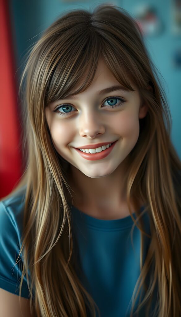 A beautiful young girl with light brown, hazelnut-colored, long, straight hair, a round face, green eyes, full, plump lips, a small snub nose, a smile, white teeth, enchanting, flawlessly beautiful. The photo emphasizes her enchanting youthful beauty. She is wearing a blue T-shirt that accentuates her enchantingly shaped female body. The background is a soft blue and red.