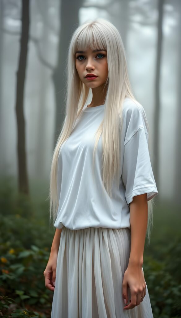 A beautiful young woman in a white, silvery oversized t-shirt paired with an a long, white skirt. Fantasy. She has long, straight, smooth platinum white soft hair. Light blue eyes, flawless skin. Bangs. Perfect anatomy for his hand. All against a misty and fogy forest. Fairy Fantasy.