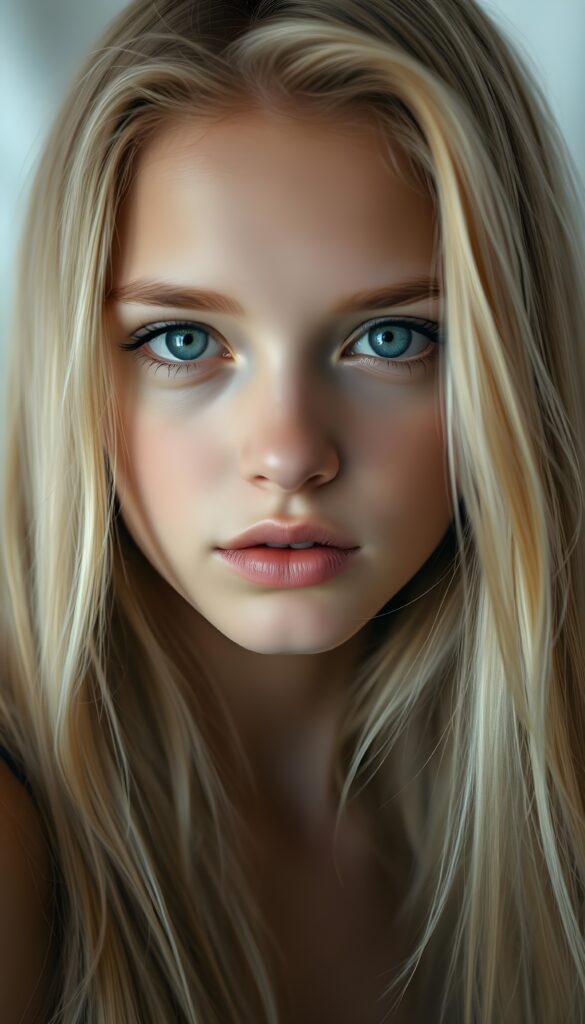 A beautiful young girl with long, straight blonde hair; she has plump, full lips and is anticipating a sensual kiss; her skin is flawless. The focus is on her deep blue eyes. Light falls on her round, angelic face. The image perfectly conveys passion and sensuality. The background is a white-gray canvas.