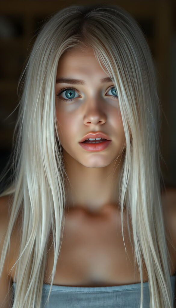A beautiful young busty teen girl with soft, long, open straight white hair, a few freckles on her face, deep blue, detailed, shining eyes, full, plump lips, her mouth slightly open, white teeth, looking surprised and frightened, blurred background. She is wearing a tight light grey cropped tank top that hugs her perfect female body.