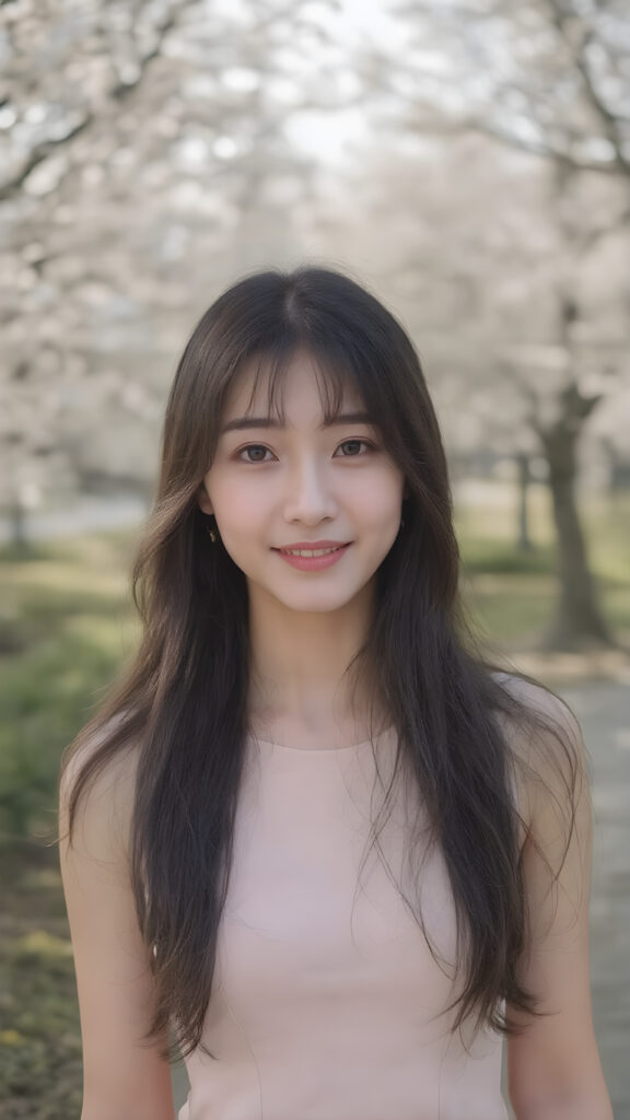 A beautiful young Korean woman, long dark hair, clear skin, gentle smile, wearing a modern pastel dress, standing in a sunlit park with cherry blossoms, soft natural lighting, photorealistic, high detail