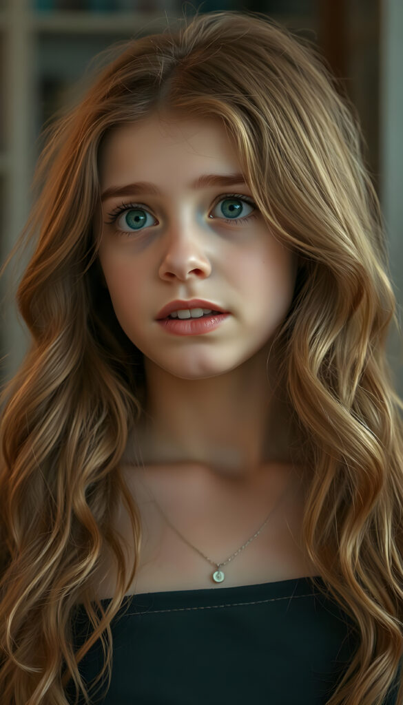 A beautiful young girl with soft, long wavy copper-colored hair, a few freckles on her face, detailed green eyes, full plump lips, her mouth slightly open, white teeth, looking surprised, focus on her upper body, blurred background.