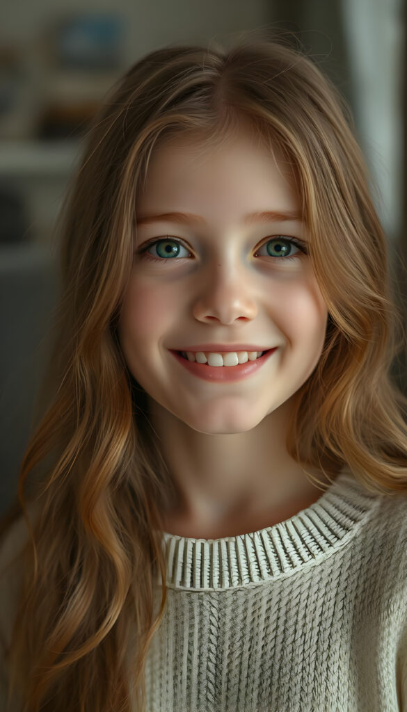 A beautiful young girl with soft, long wavy copper-colored hair, round face, detailed green eyes, full plump lips, her mouth slightly open, white teeth, looking very happy, focus on her upper body, blurred background, she wears a white fine sweater made of wool